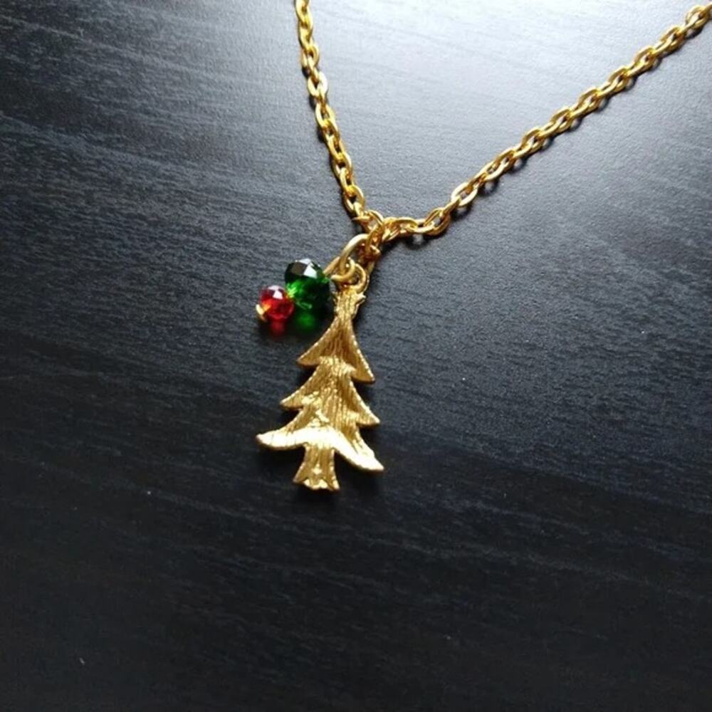 Gold Holiday Tree Necklace 19" Christmas fashion costume jewelry green red - Picture 3 of 6